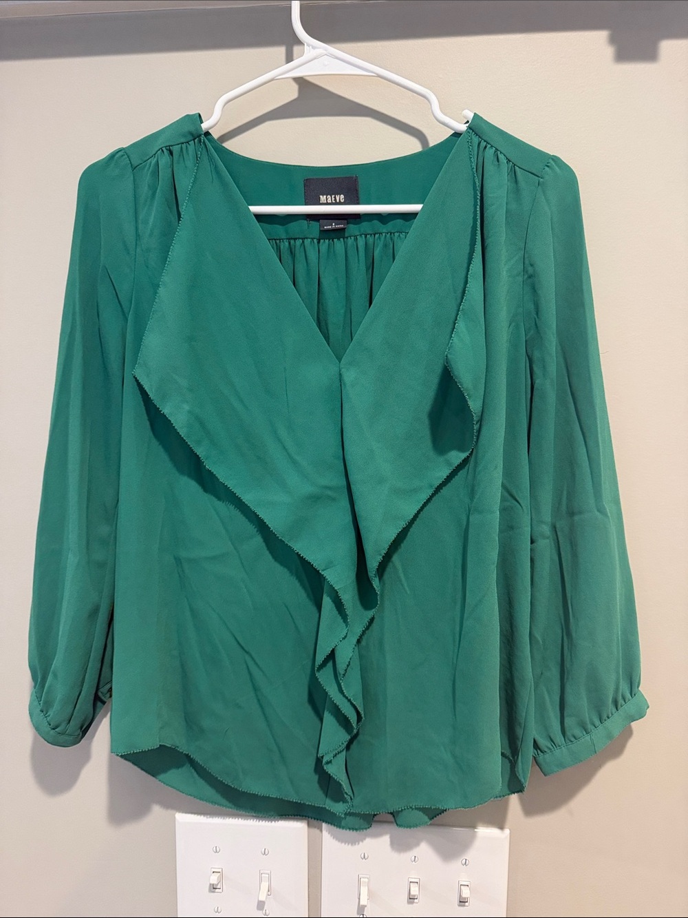 Maeve Emerald Green Ruffle-Front Blouse